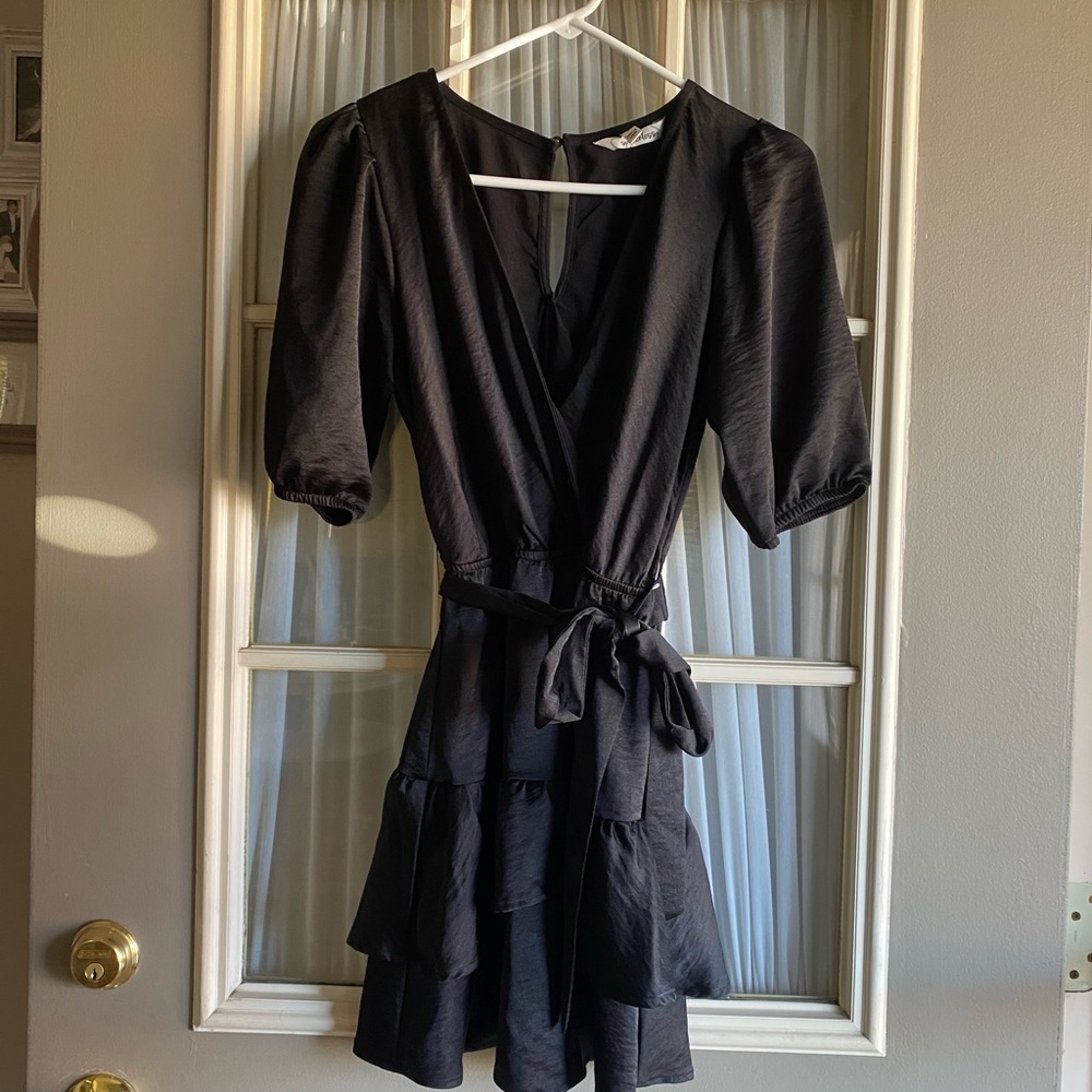 Speechless Black Ruffle Wrap Satin Mini Dress